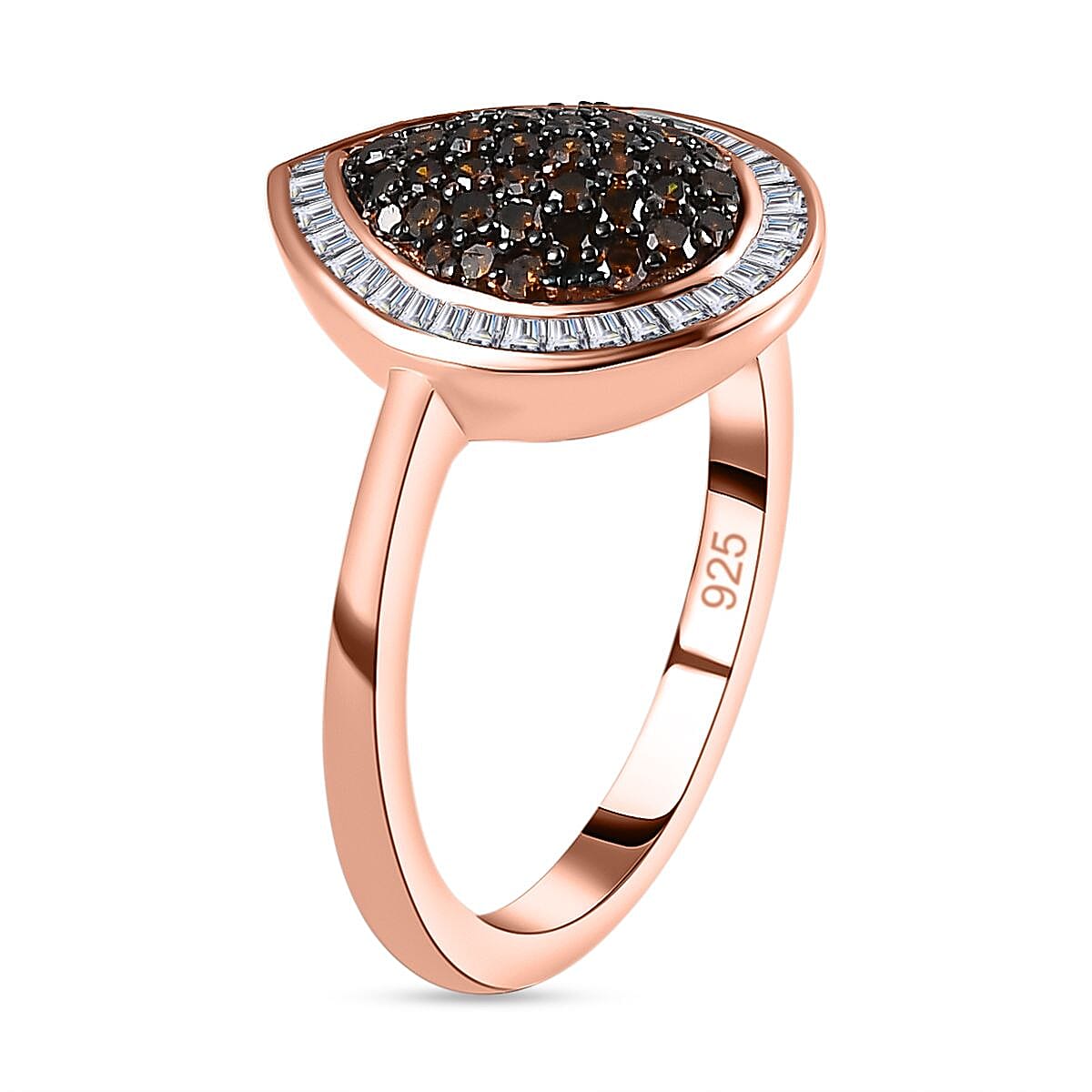 Red & White Diamond Teardrop Ring in 18K Vermeil Rose Gold Plated Sterling Silver 0.50 Ct