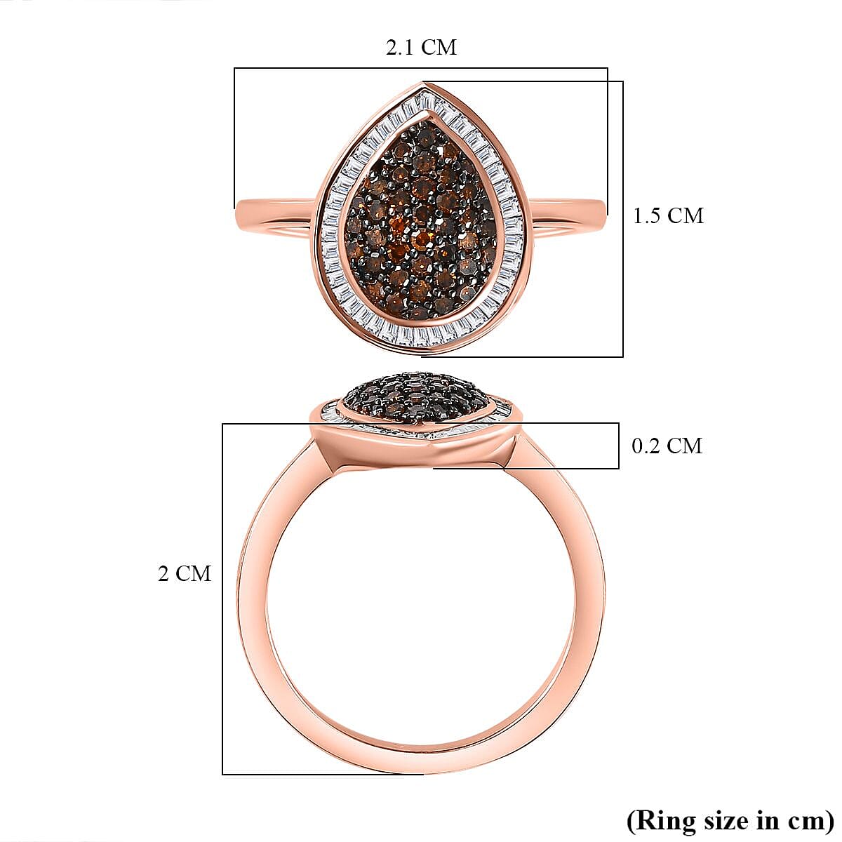 Red & White Diamond Teardrop Ring in 18K Vermeil Rose Gold Plated Sterling Silver 0.50 Ct