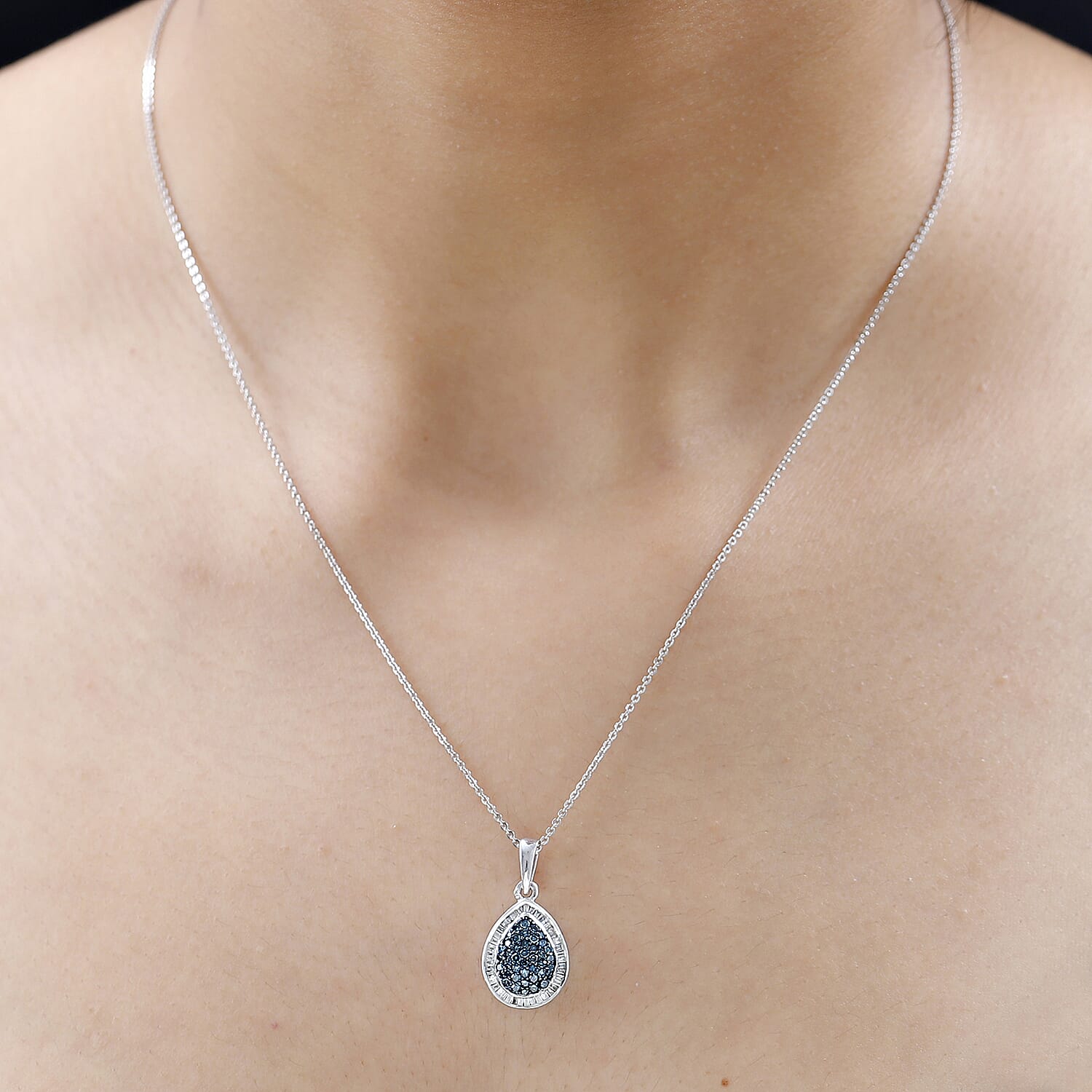 Blue & White Diamond Teardrop Pendant in Platinum Overlay Sterling Silver 0.51 Ct