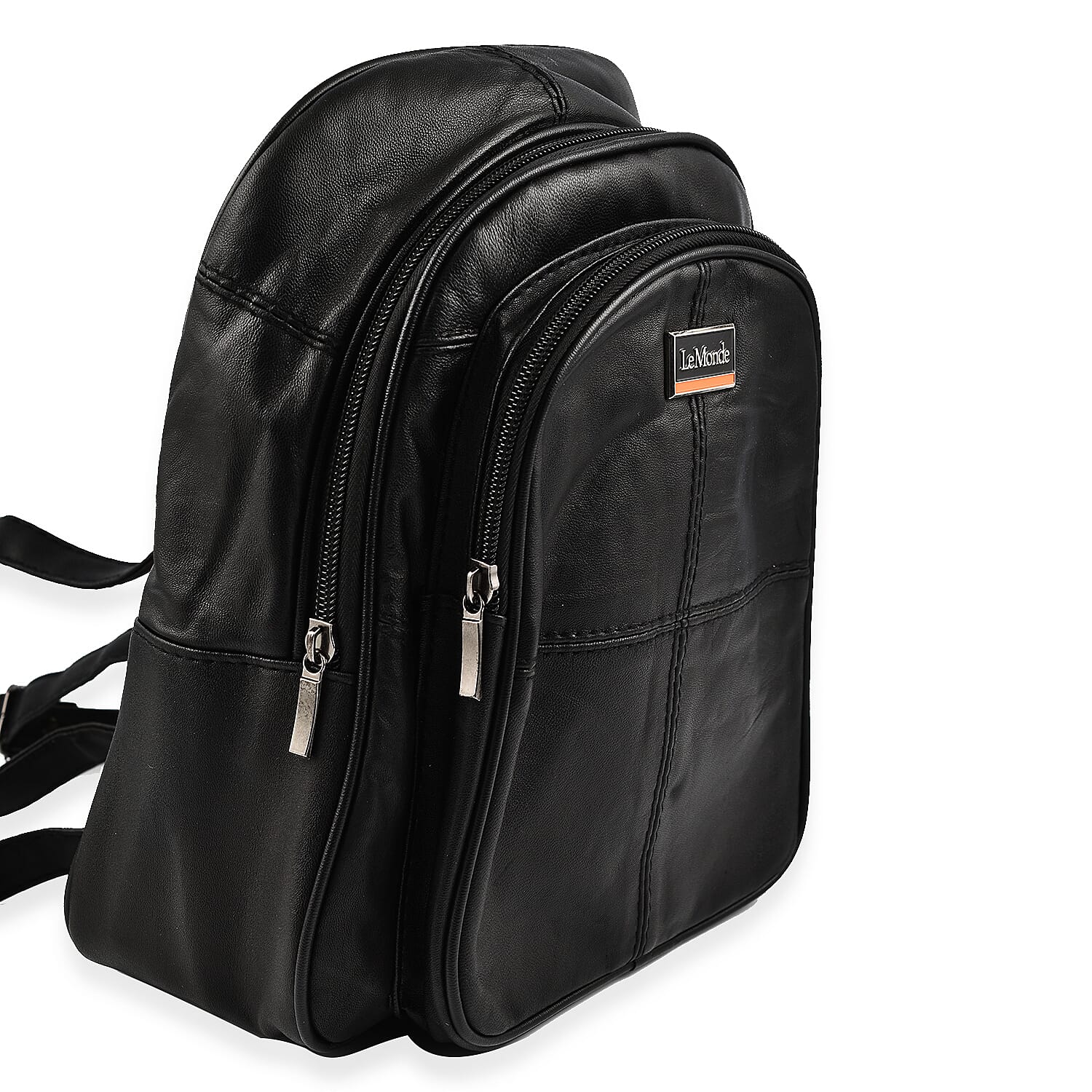 Le Monde Genuine Leather Backpack with Front Zipper Pocket - Adjustable Shoulder Strap - Black