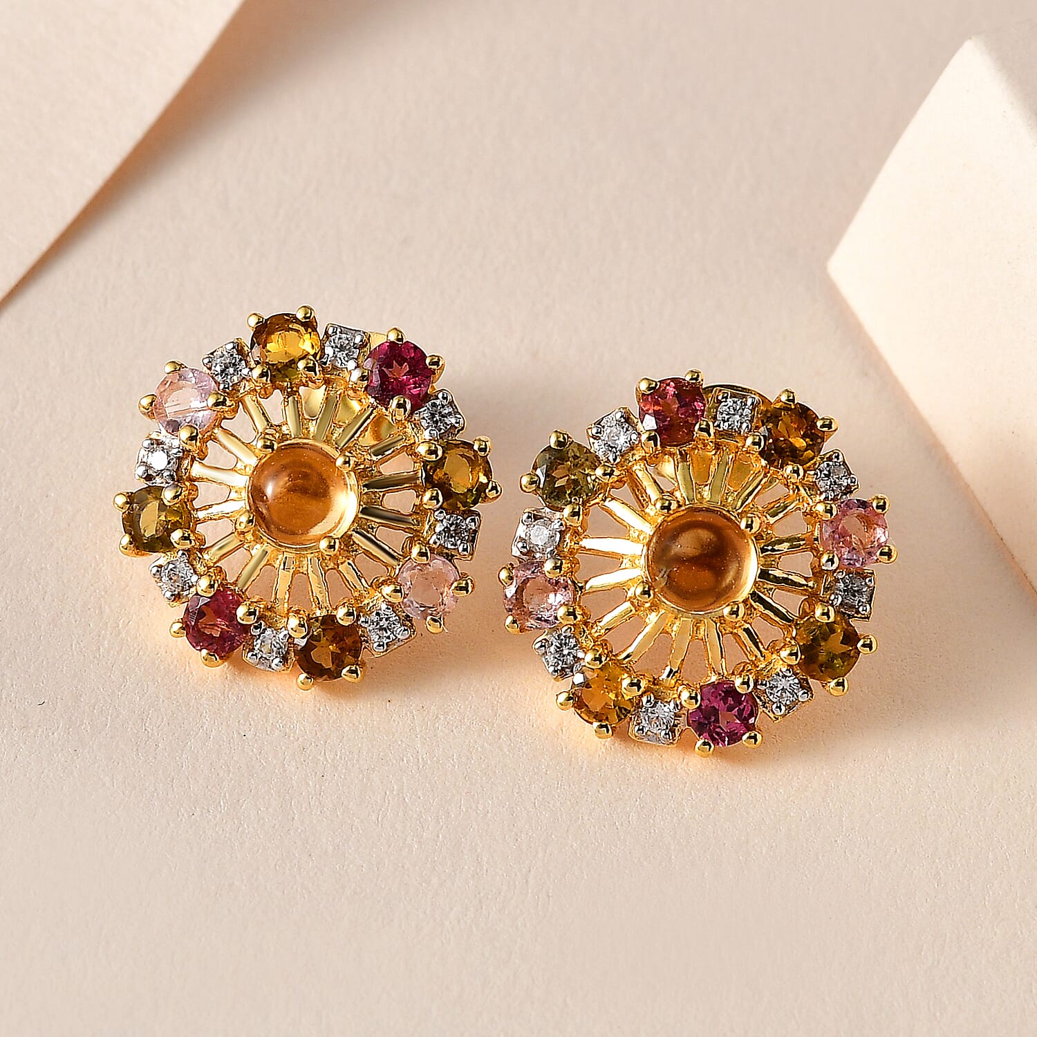 GP Celestial Dream Collection - Citrine, Natural Zircon & Multi-Tourmaline Cluster Stud  Earrings in 18K Vermeil YG Plated Sterling Silver Silver Wt. 5.55 Gms