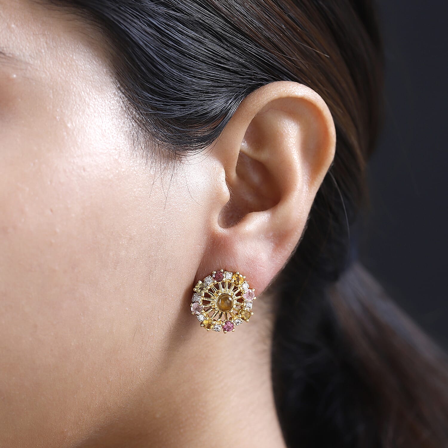 GP Celestial Dream Collection - Citrine, Natural Zircon & Multi-Tourmaline Cluster Stud  Earrings in 18K Vermeil YG Plated Sterling Silver Silver Wt. 5.55 Gms