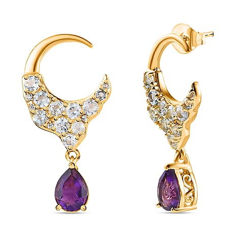 GP Celestial Dream Collection - Amethyst, Skyblue Topaz & Natural Zircon Dangle Earrings in 18K Vermeil Yellow Gold Plated Sterling Silver 4.64 C GP Celestial Dream Collection - Amethyst, Skyblue Topaz & Natural Zircon Dangle Earrings in 18K Vermeil Yellow Gold Plated Sterling Silver 4.64 C