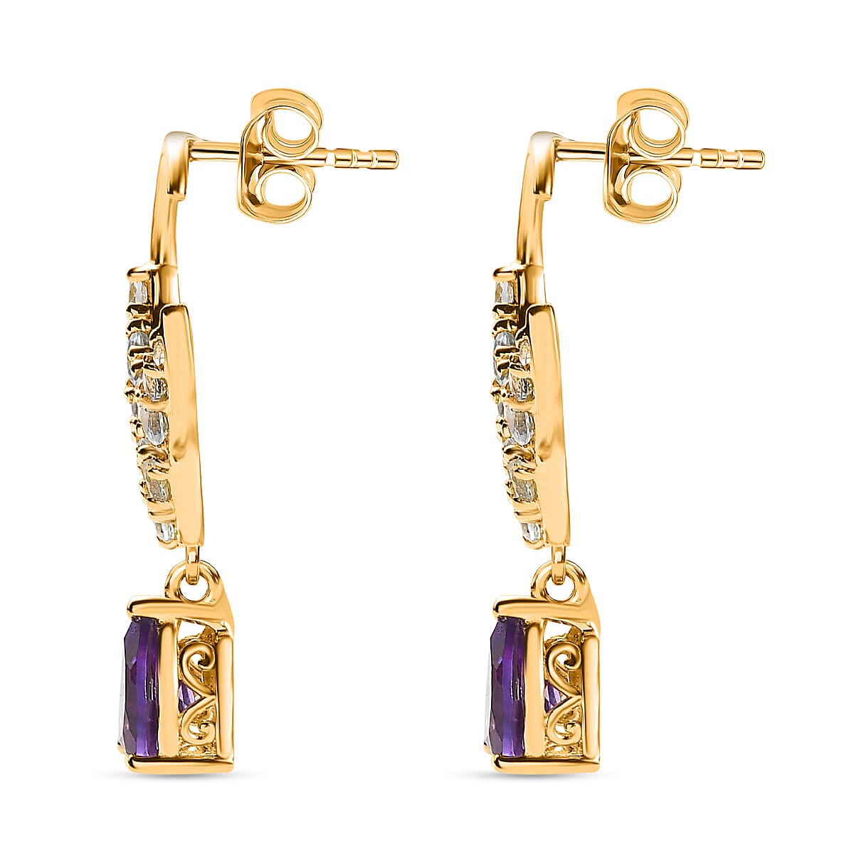 GP Celestial Dream Collection - Amethyst, Skyblue Topaz & Natural Zircon  Dangle Earrings in 18K Vermeil Yellow Gold Plated Sterling Silver 4.64 Ct.