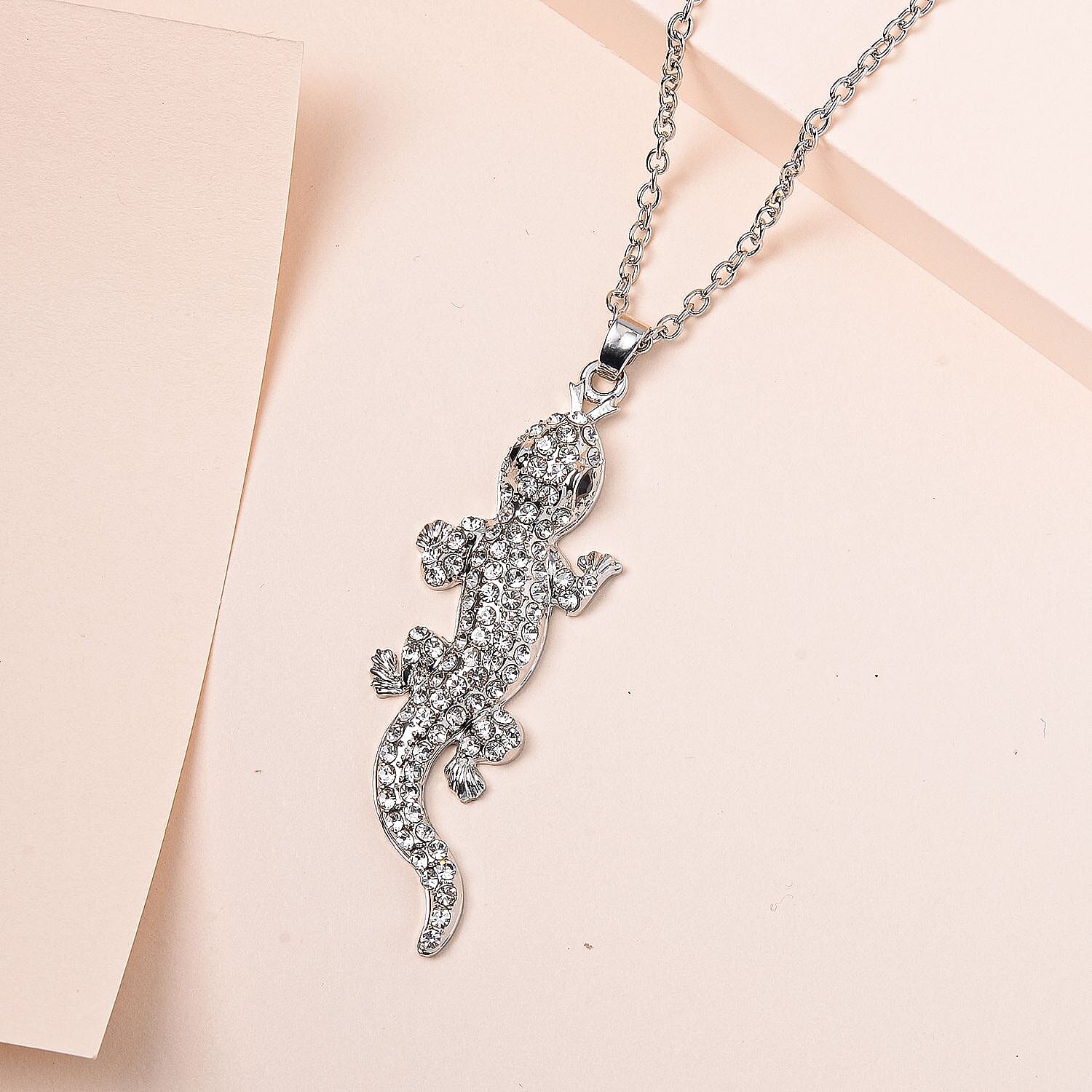 Austrian White & Black Crystal Lizard Necklace (Size - 24) in Silver Tone