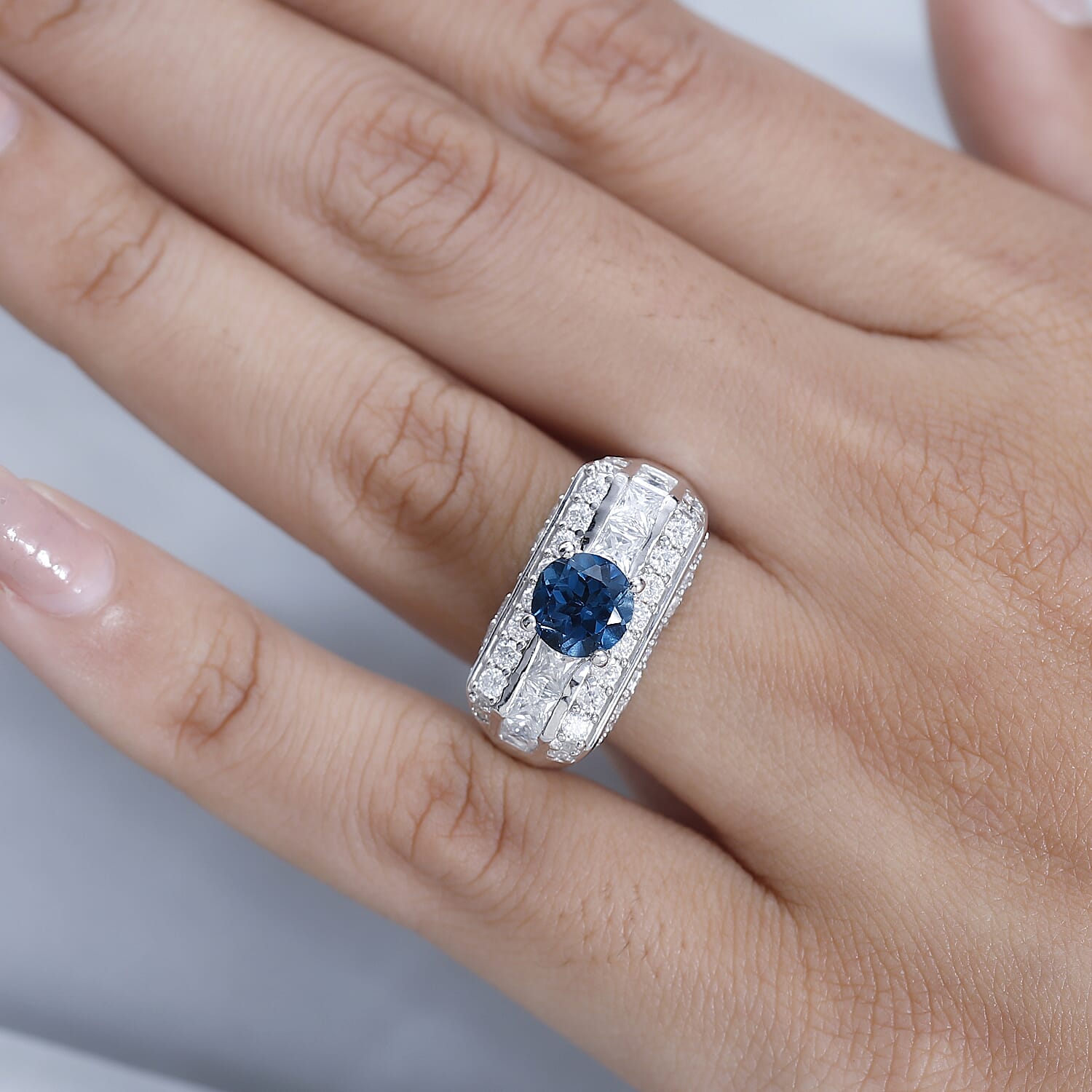 GP Art Deco Collection - London Blue Topaz & Moissanite Ring in Platinum Overlay Sterling Silver 3.52 Ct, Silver Wt 6.95 Gms