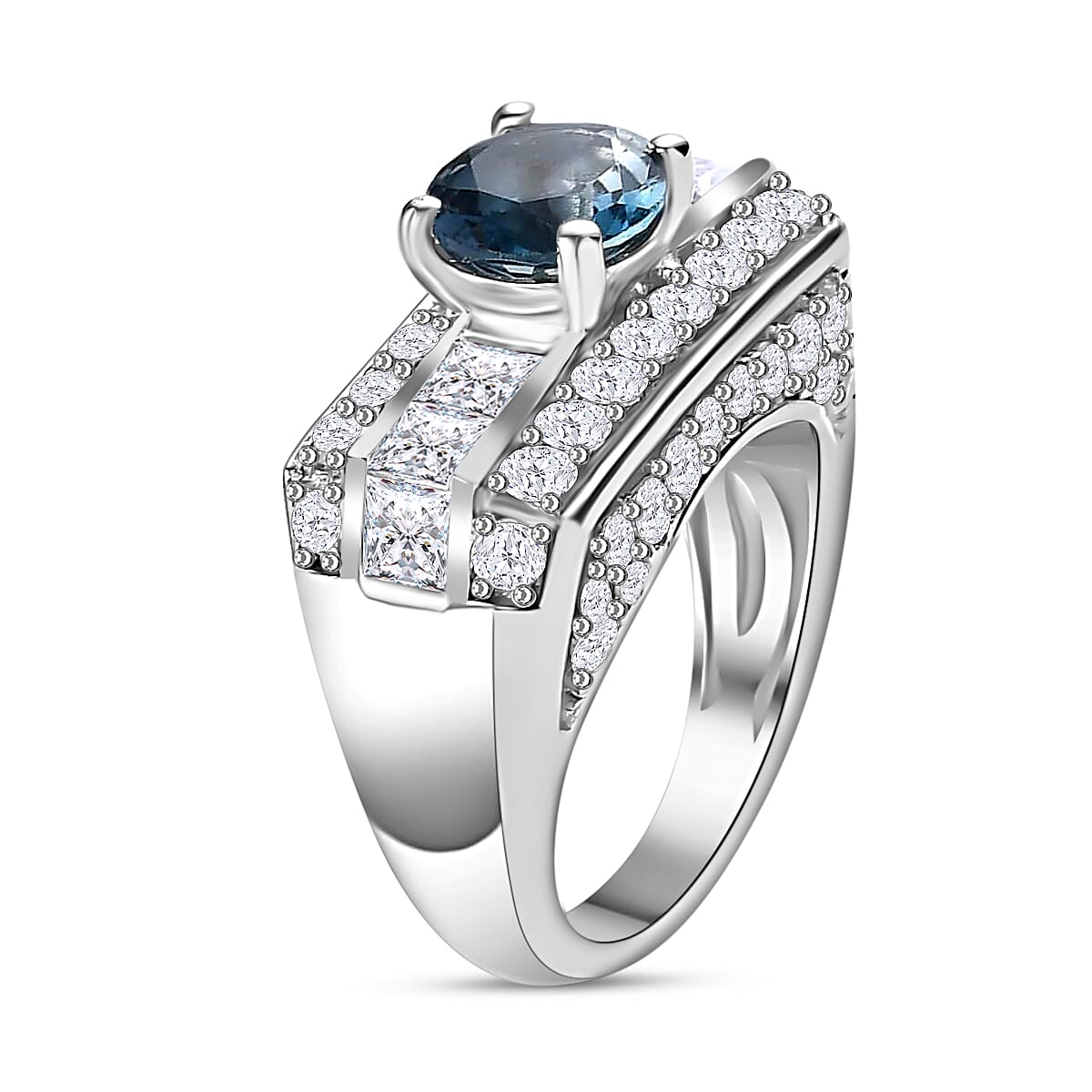 GP Art Deco Collection - London Blue Topaz & Moissanite Ring in Platinum Overlay Sterling Silver 3.52 Ct, Silver Wt 6.95 Gms