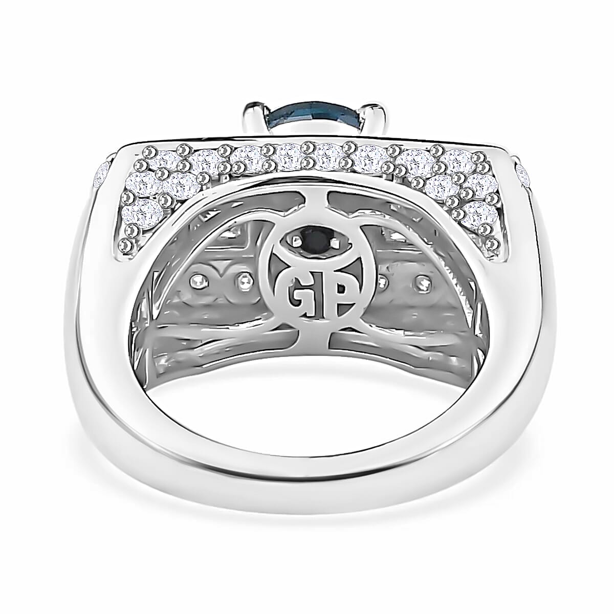 GP Art Deco Collection - London Blue Topaz & Moissanite Ring in Platinum Overlay Sterling Silver 3.52 Ct, Silver Wt 6.95 Gms