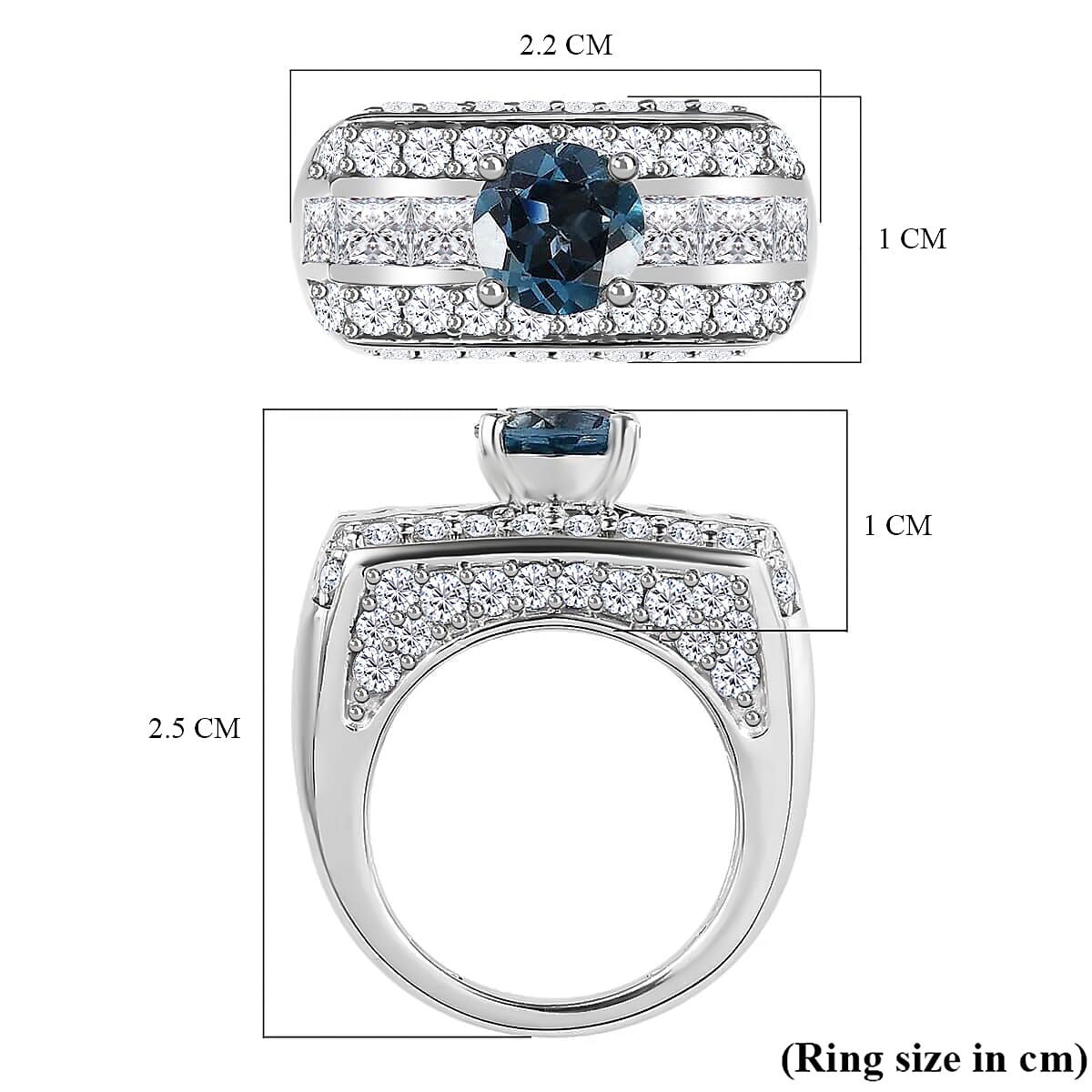 GP Art Deco Collection - London Blue Topaz & Moissanite Ring in Platinum Overlay Sterling Silver 3.52 Ct, Silver Wt 6.95 Gms