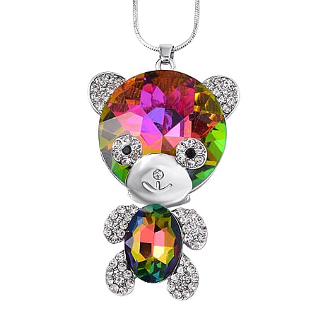 Multi Colour Austrian Crystal Teddy Pendant with Chain (Size - 24-2 Ext) in Silver Tone