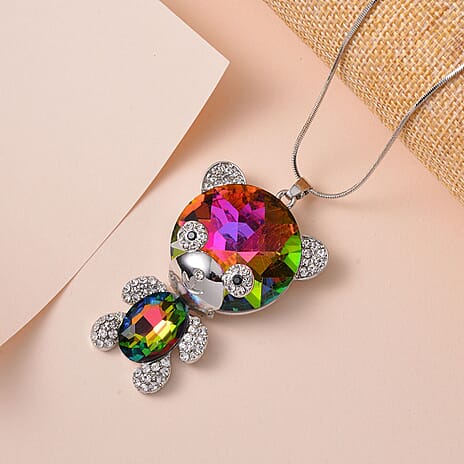 Multi Colour Austrian Crystal Teddy Pendant with Chain (Size - 24-2 Ext) in Silver Tone
