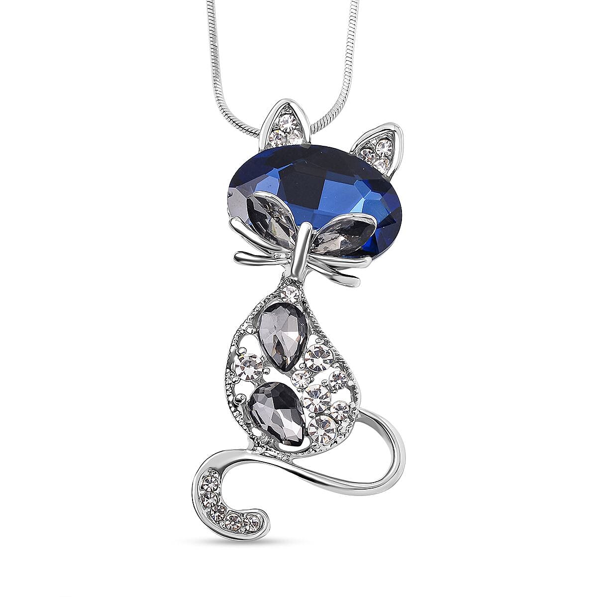 White, Grey & Blue Austrian Crystal Cat Pendant with Chain (Size - 24) in Silver Tone