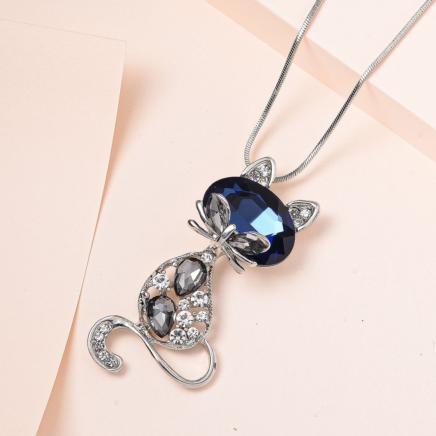 White, Grey & Blue Austrian Crystal Cat Pendant with Chain (Size - 24) in Silver Tone