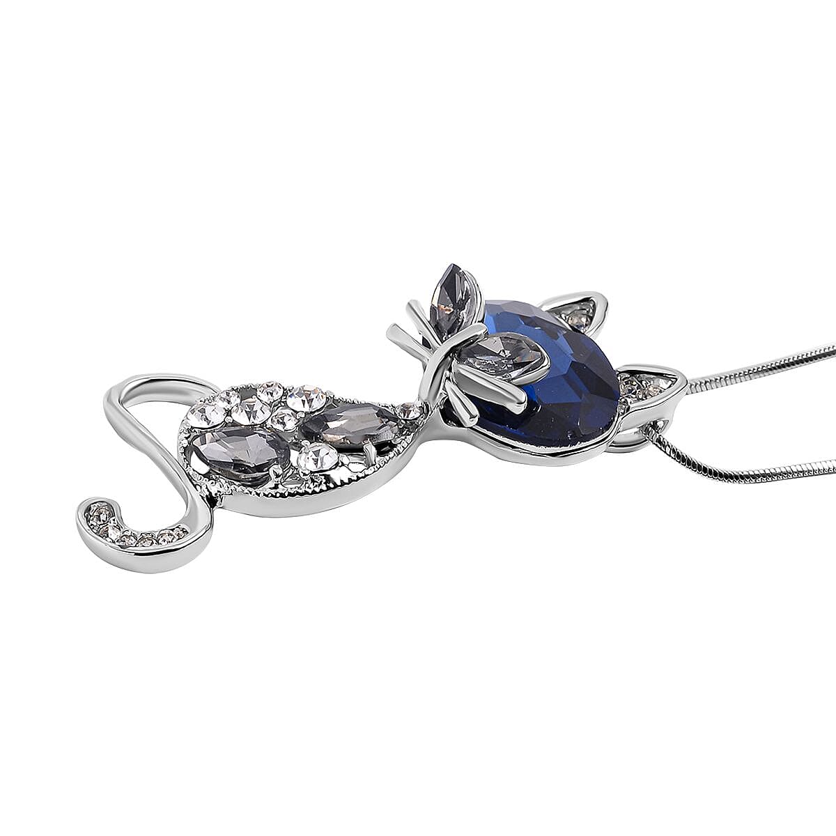 White, Grey & Blue Austrian Crystal Cat Pendant with Chain (Size - 24) in Silver Tone