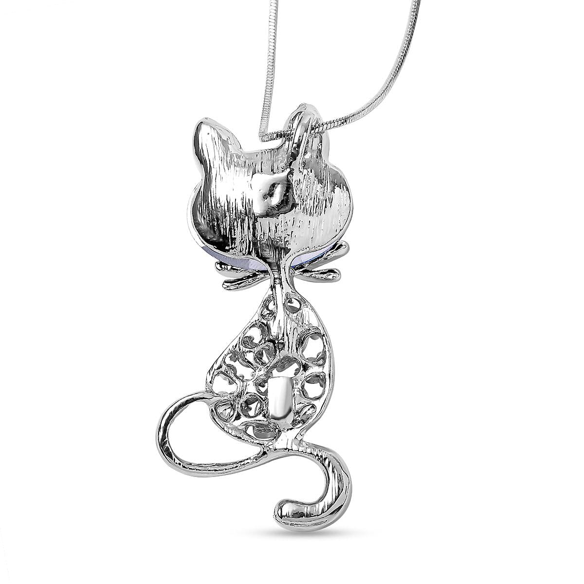 White, Grey & Blue Austrian Crystal Cat Pendant with Chain (Size - 24) in Silver Tone