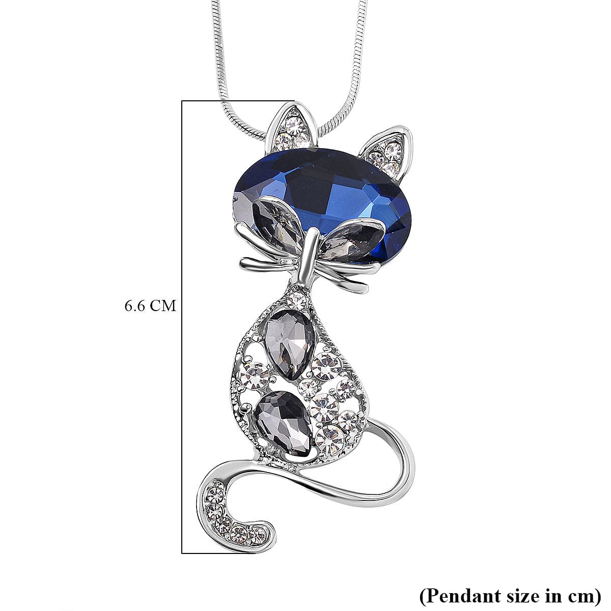 White, Grey & Blue Austrian Crystal Cat Pendant with Chain (Size - 24) in Silver Tone