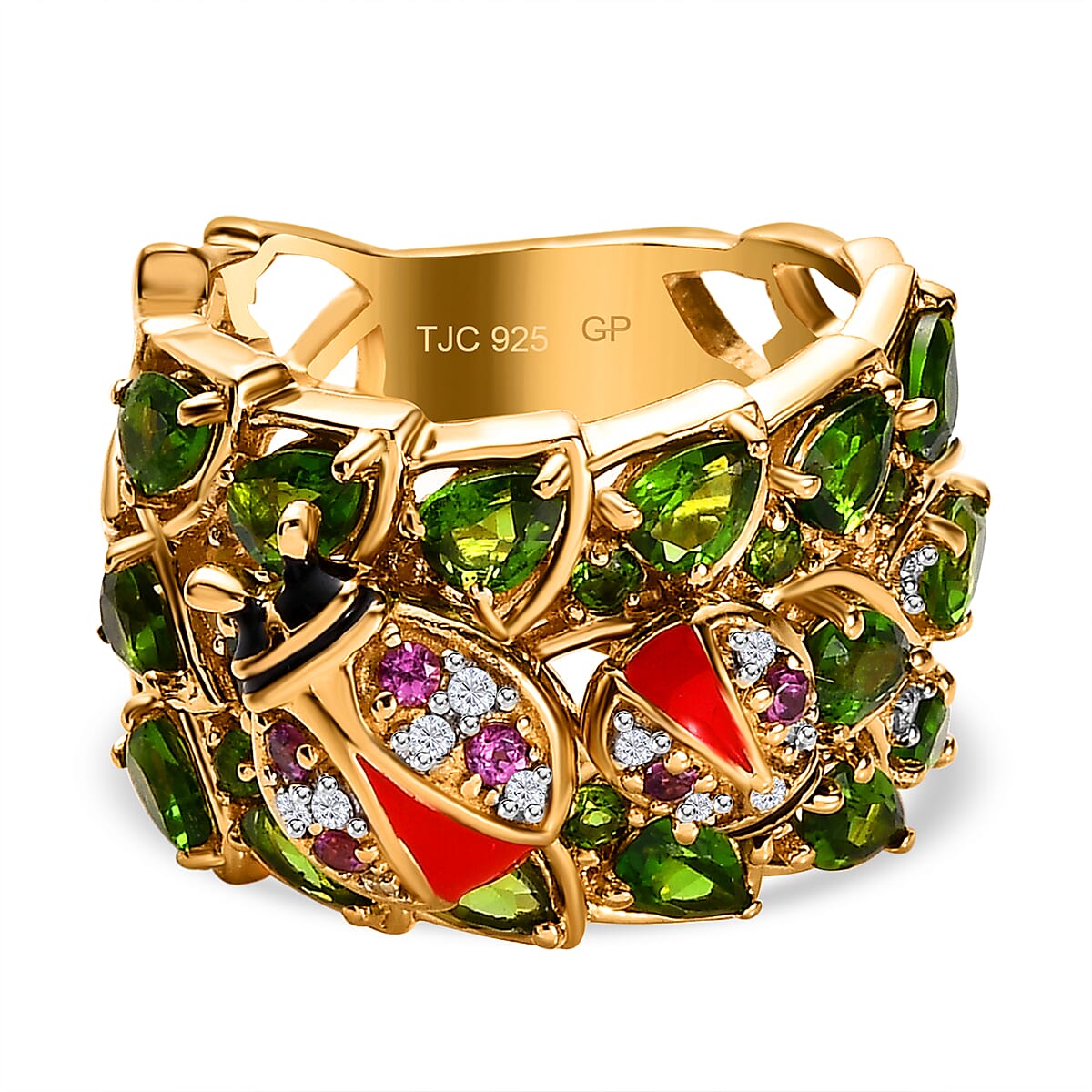GP Italian Garden Collection - Natural Chrome Diopside, Rhodolite Garnet & Natural Zircon Cluster Ring in 18K Vermeil YG Plated Sterling Silver 3.28 Ct, Silver Wt. 9.21 Gms
