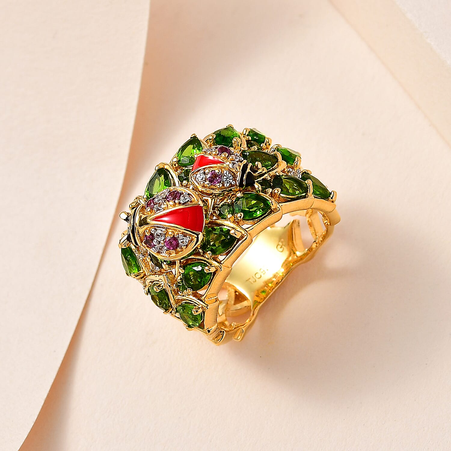 GP Italian Garden Collection - Natural Chrome Diopside, Rhodolite Garnet & Natural Zircon Cluster Ring in 18K Vermeil YG Plated Sterling Silver 3.28 Ct, Silver Wt. 9.21 Gms