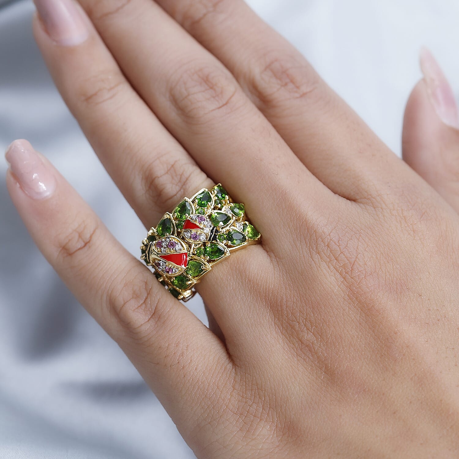 GP Italian Garden Collection - Natural Chrome Diopside, Rhodolite Garnet & Natural Zircon Cluster Ring in 18K Vermeil YG Plated Sterling Silver 3.28 Ct, Silver Wt. 9.21 Gms