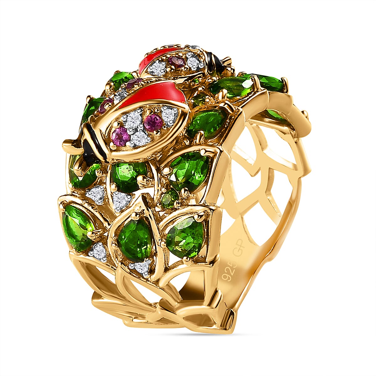 GP Italian Garden Collection - Natural Chrome Diopside, Rhodolite Garnet & Natural Zircon Cluster Ring in 18K Vermeil YG Plated Sterling Silver 3.28 Ct, Silver Wt. 9.21 Gms