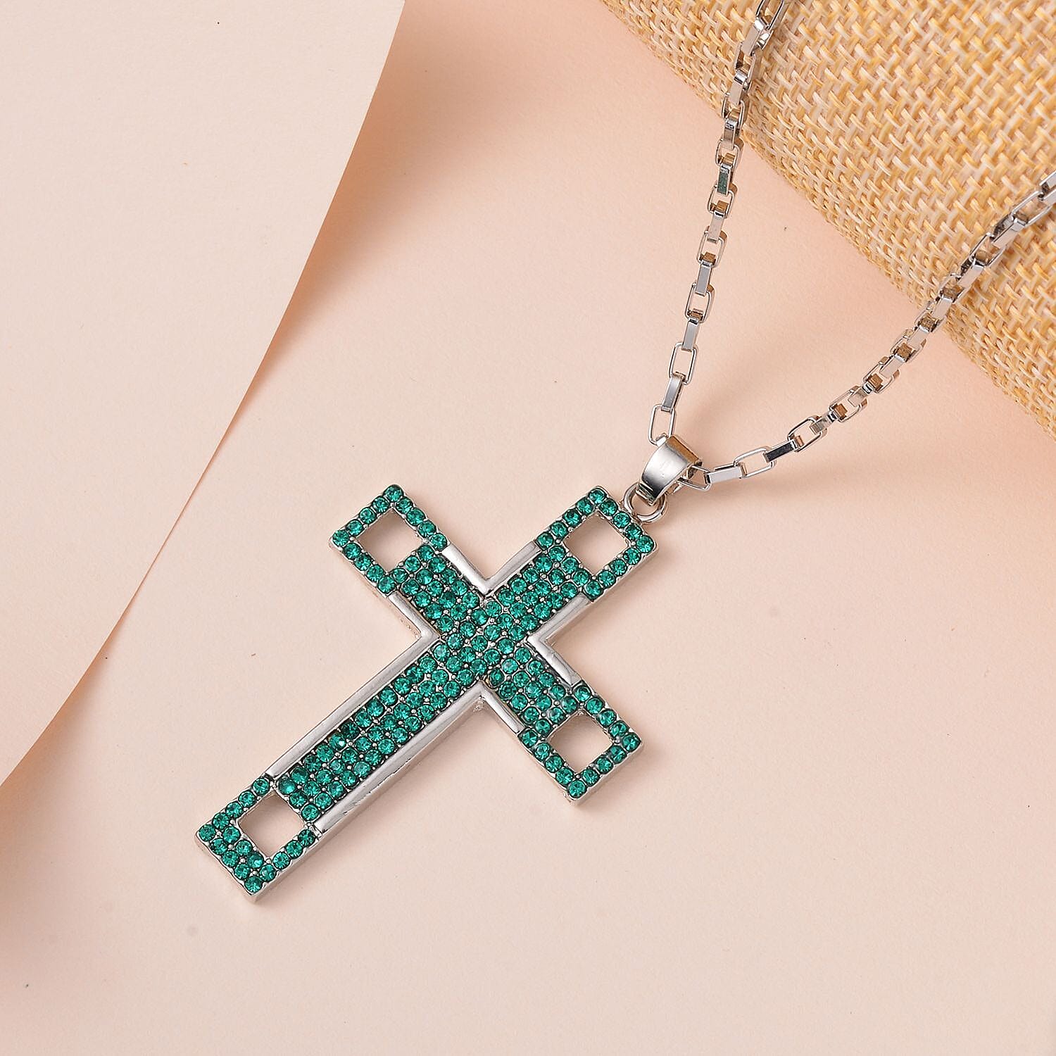 Green Austrian Crystal Cross Necklace (Size - 24-2 inch Ext.)