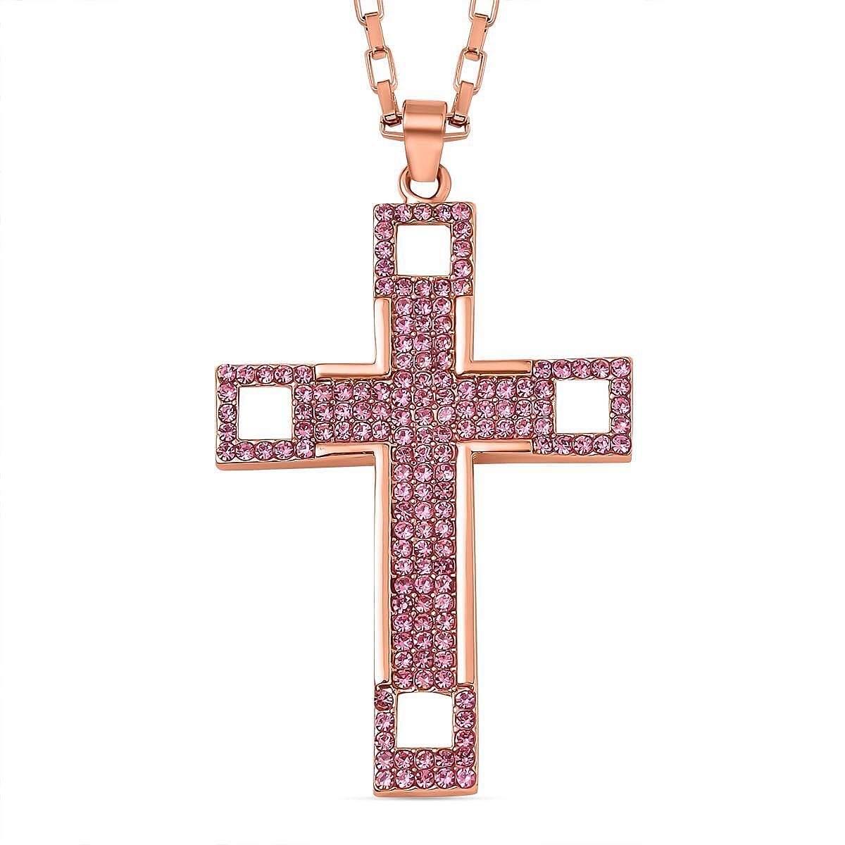 Pink Austrian Crystal Cross Necklace (Size - 24) in Rose Gold Tone