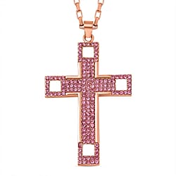 Pink Austrian Crystal Cross Necklace (Size - 24) in Rose Gold Tone