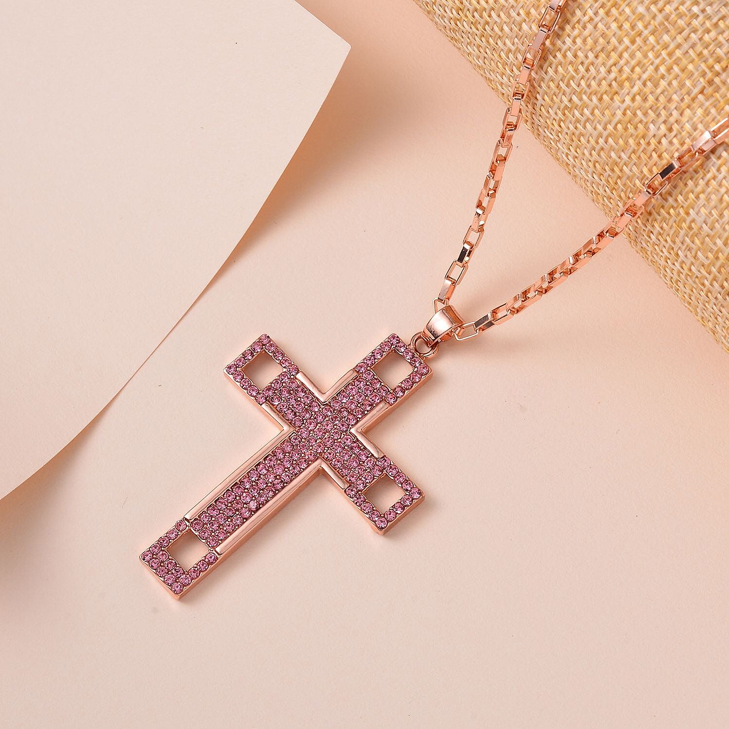 Pink Austrian Crystal Cross Necklace (Size - 24) in Rose Gold Tone