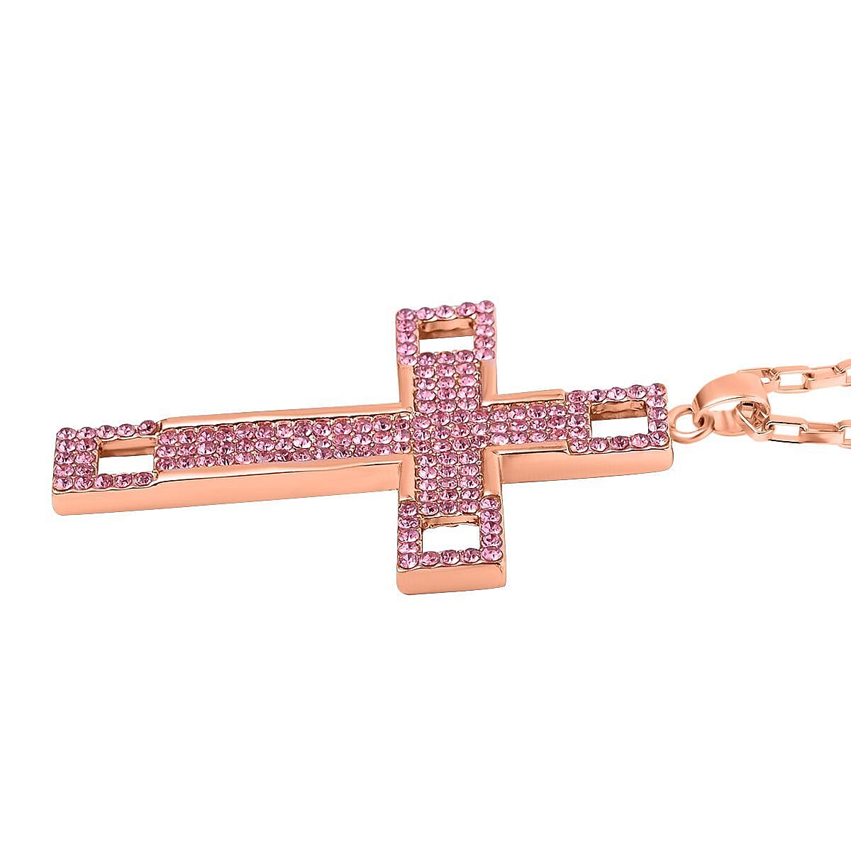 Pink Austrian Crystal Cross Necklace (Size - 24) in Rose Gold Tone