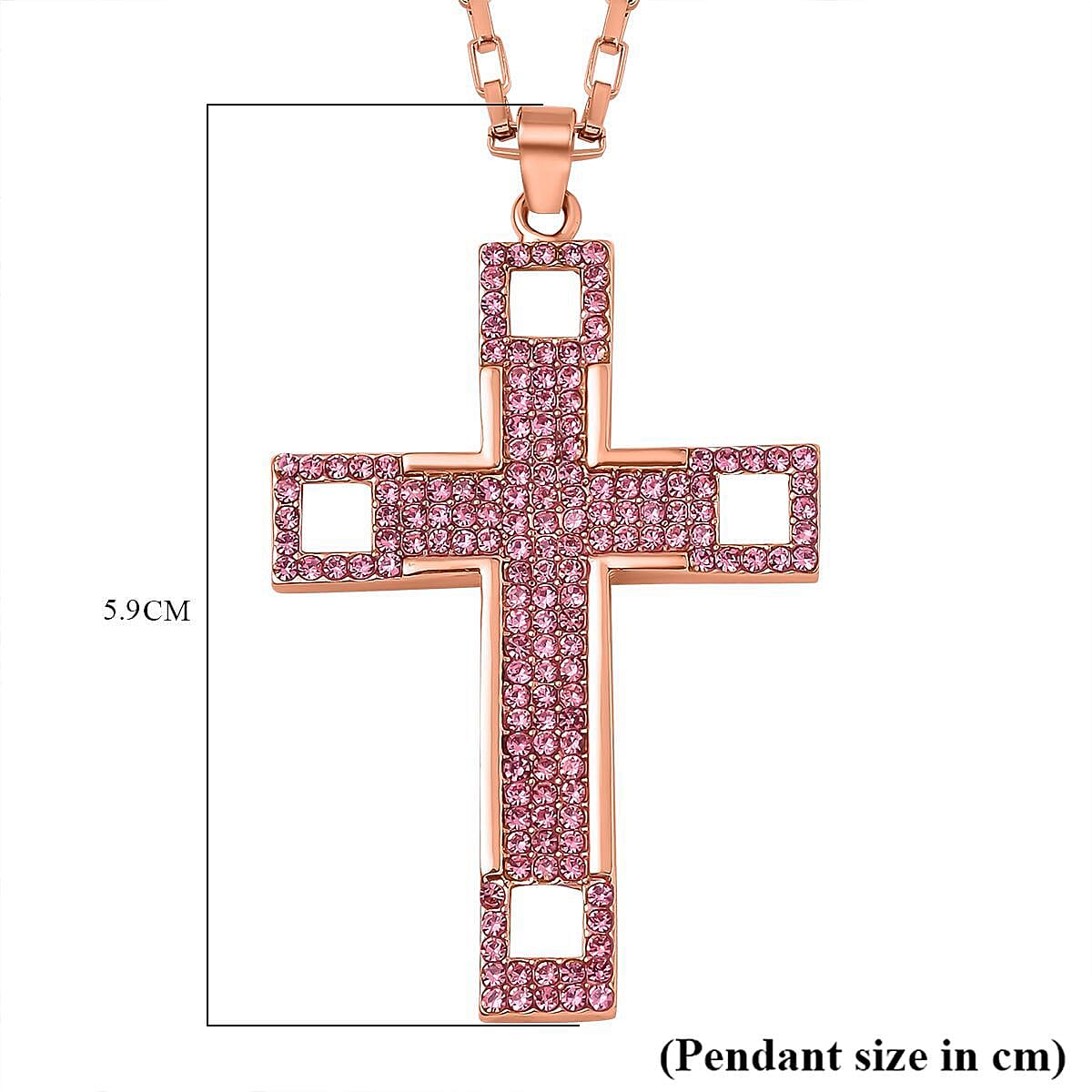 Pink Austrian Crystal Cross Necklace (Size - 24) in Rose Gold Tone