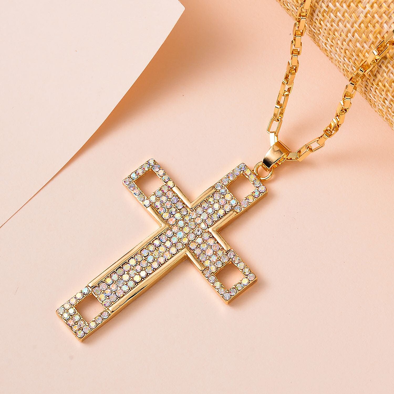 Simulated Mystic Austrian White Crystal Cross Necklace (Size - 24)
