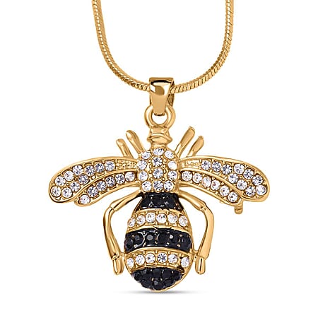 White Austrian Crystal With Black Enamelled Bee Brooch Come Pendant (Size - 24-2 Ext) in Yellow Gold Tone