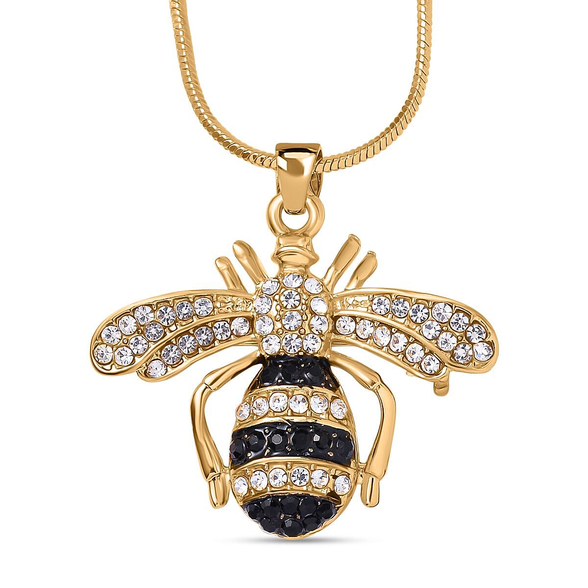 White Austrian Crystal With Black Enamelled Bee Brooch Come Pendant (Size - 24-2 Ext) in Yellow Gold Tone