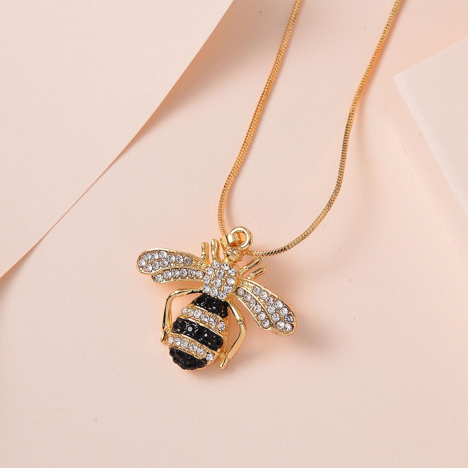 White Austrian Crystal With Black Enamelled Bee Brooch Come Pendant (Size - 24-2 Ext) in Yellow Gold Tone