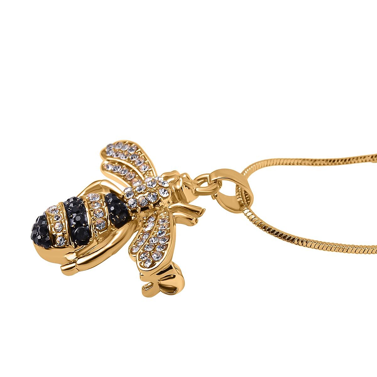 White Austrian Crystal With Black Enamelled Bee Brooch Come Pendant (Size - 24-2 Ext) in Yellow Gold Tone