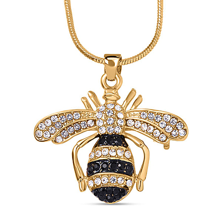 White Austrian & Black Crystal Enamelled Bee Necklace (Size - 24-2 Inch Ext.)