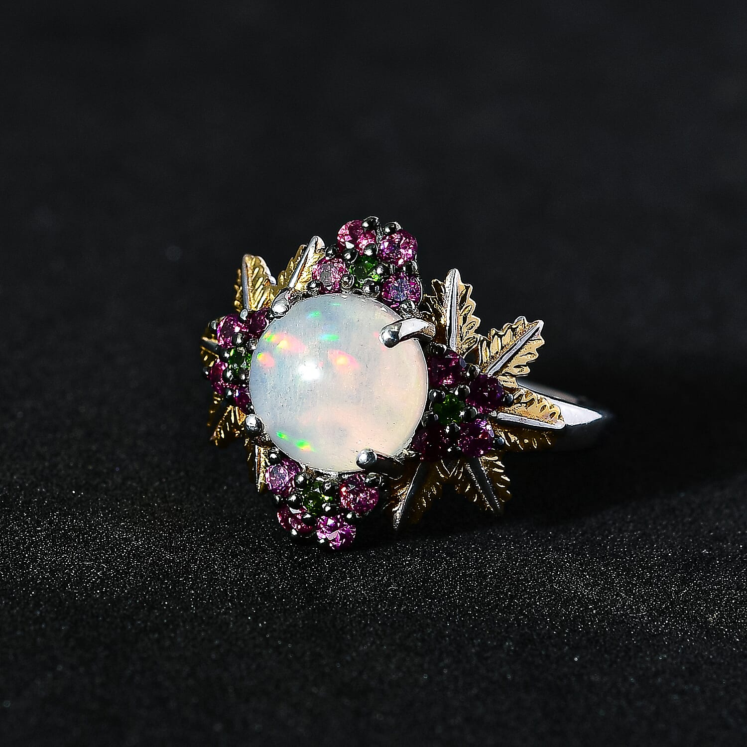 GP Italian Garden Collection - Ethiopian Welo Opal, Rhodolite Garnet & Natural Chrome Diopside Ring in Platinum & Vermeil Yellow Gold Plated Sterling Silver 2.40 Ct