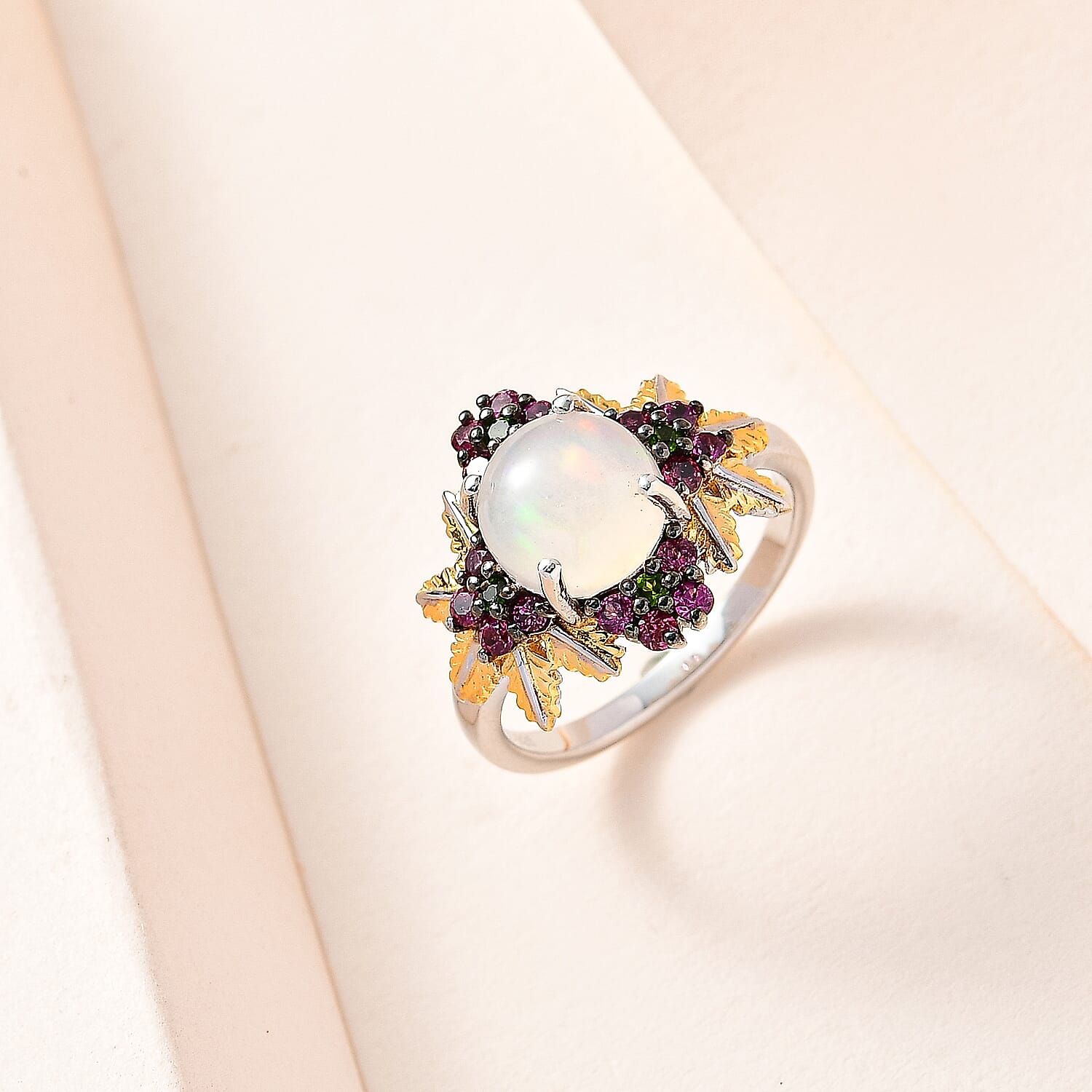 GP Italian Garden Collection - Ethiopian Welo Opal, Rhodolite Garnet & Natural Chrome Diopside Ring in Platinum & Vermeil Yellow Gold Plated Sterling Silver 2.40 Ct