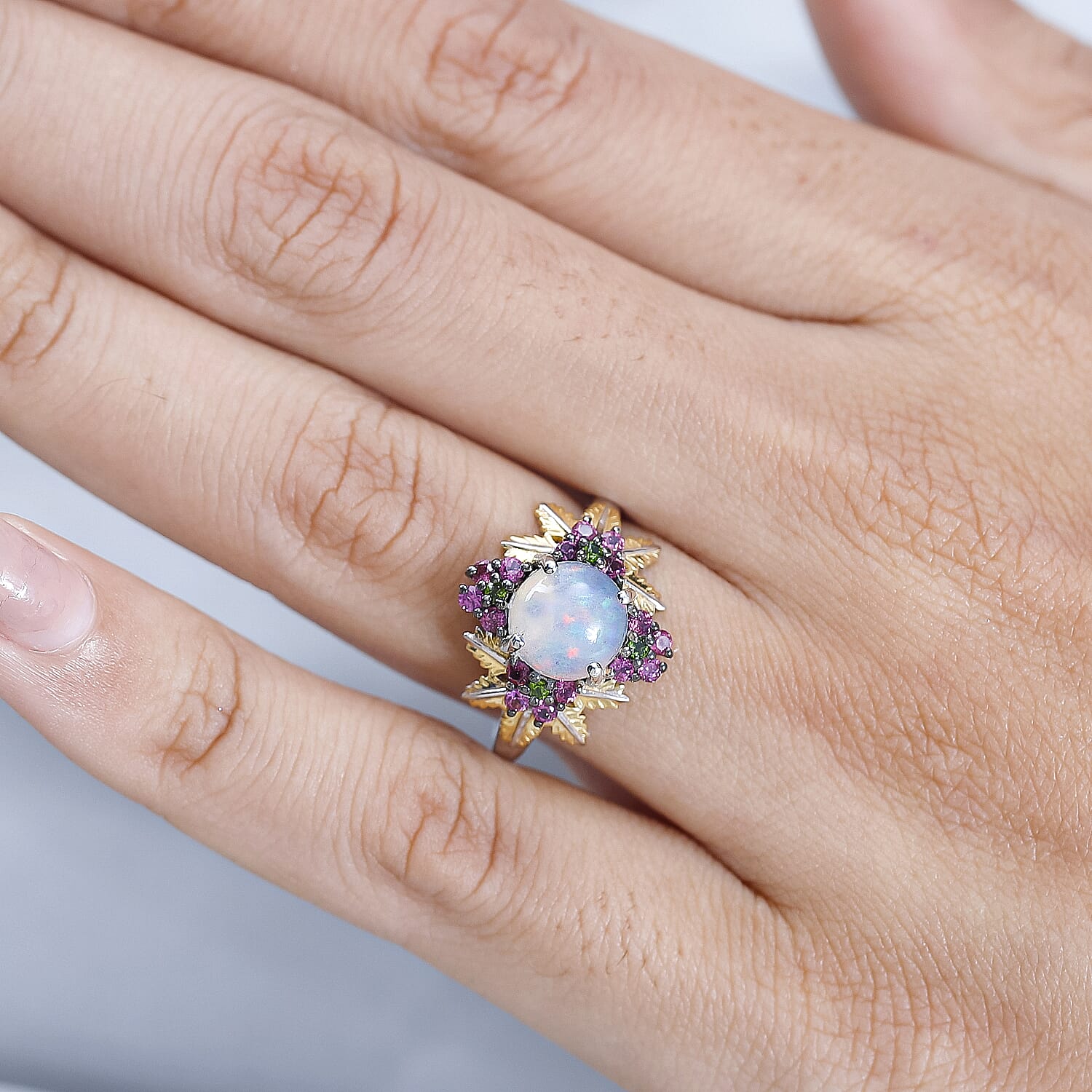 GP Italian Garden Collection - Ethiopian Welo Opal, Rhodolite Garnet & Natural Chrome Diopside Ring in Platinum & Vermeil Yellow Gold Plated Sterling Silver 2.40 Ct