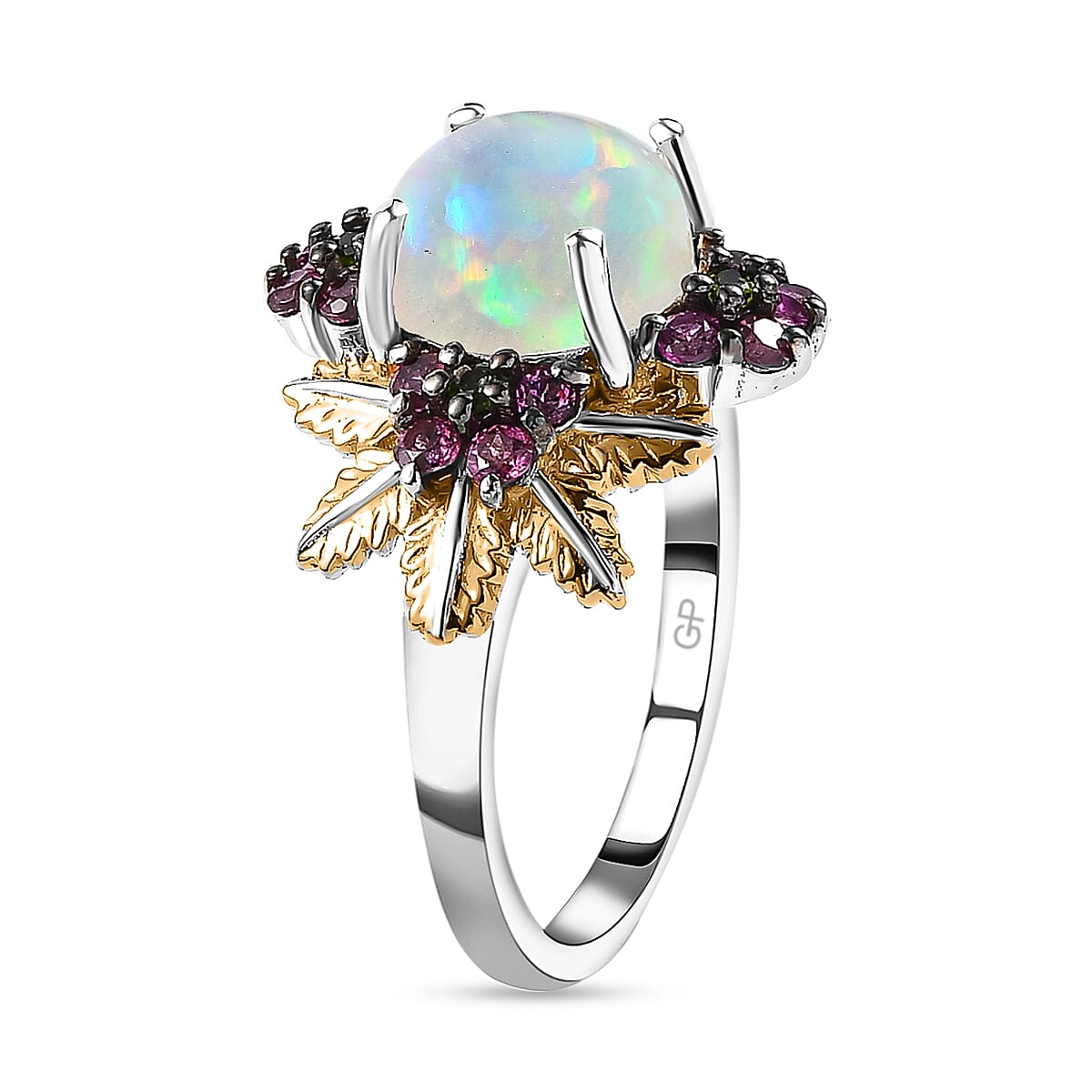 GP Italian Garden Collection - Ethiopian Welo Opal, Rhodolite Garnet & Natural Chrome Diopside Ring in Platinum & Vermeil Yellow Gold Plated Sterling Silver 2.40 Ct