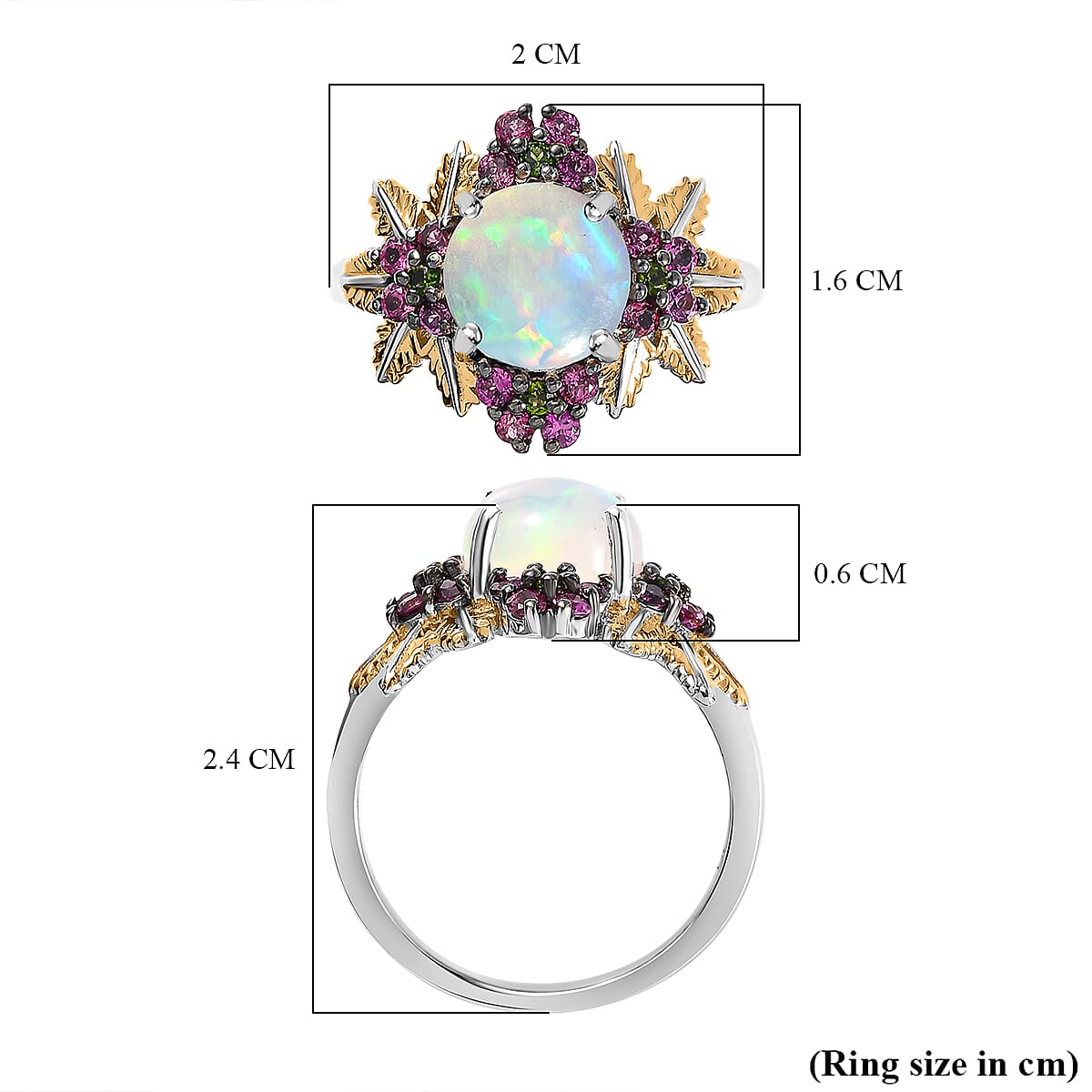 GP Italian Garden Collection - Ethiopian Welo Opal, Rhodolite Garnet & Natural Chrome Diopside Ring in Platinum & Vermeil Yellow Gold Plated Sterling Silver 2.40 Ct