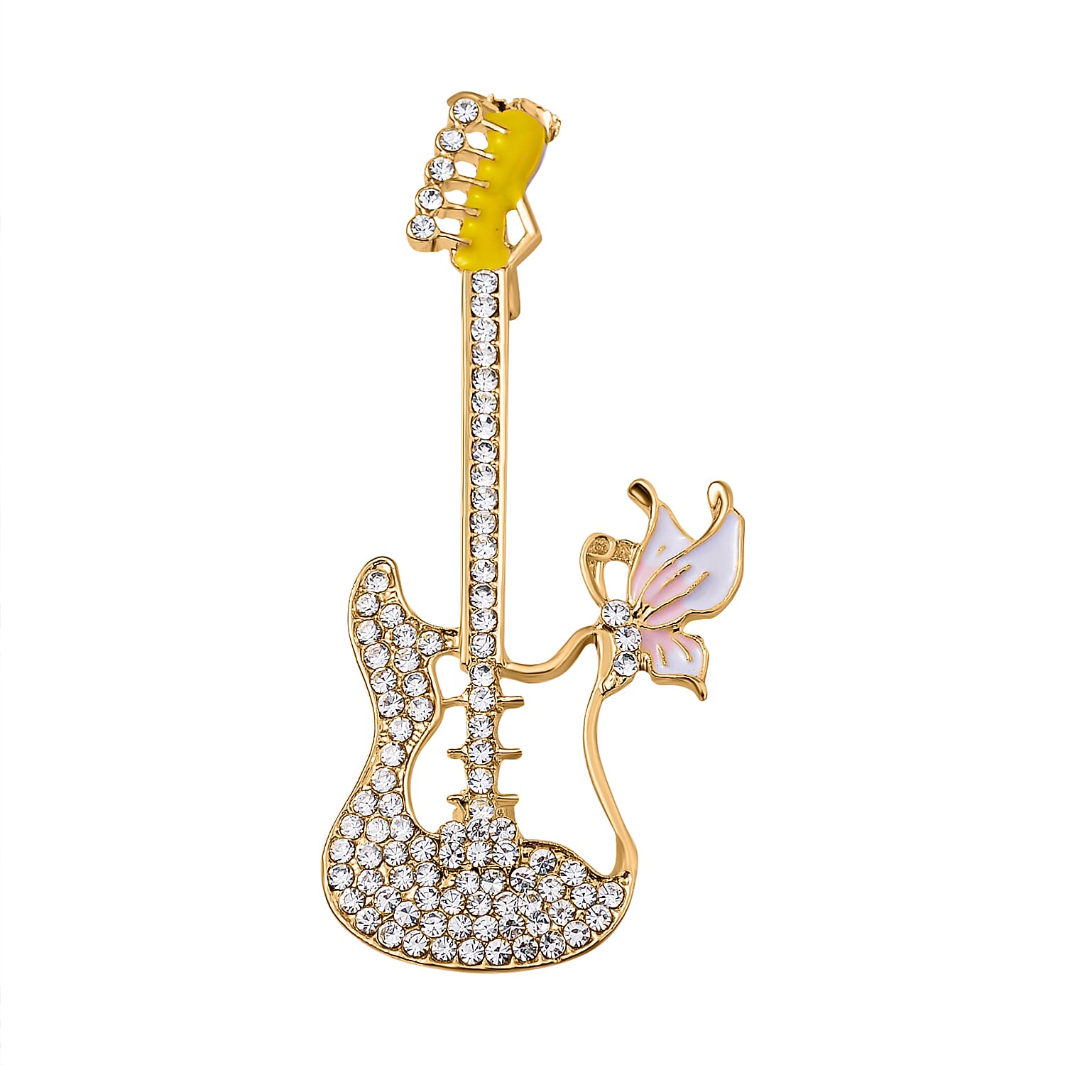 White Austrian Crystal Guitar Brooch in Yellow Gold Tone
