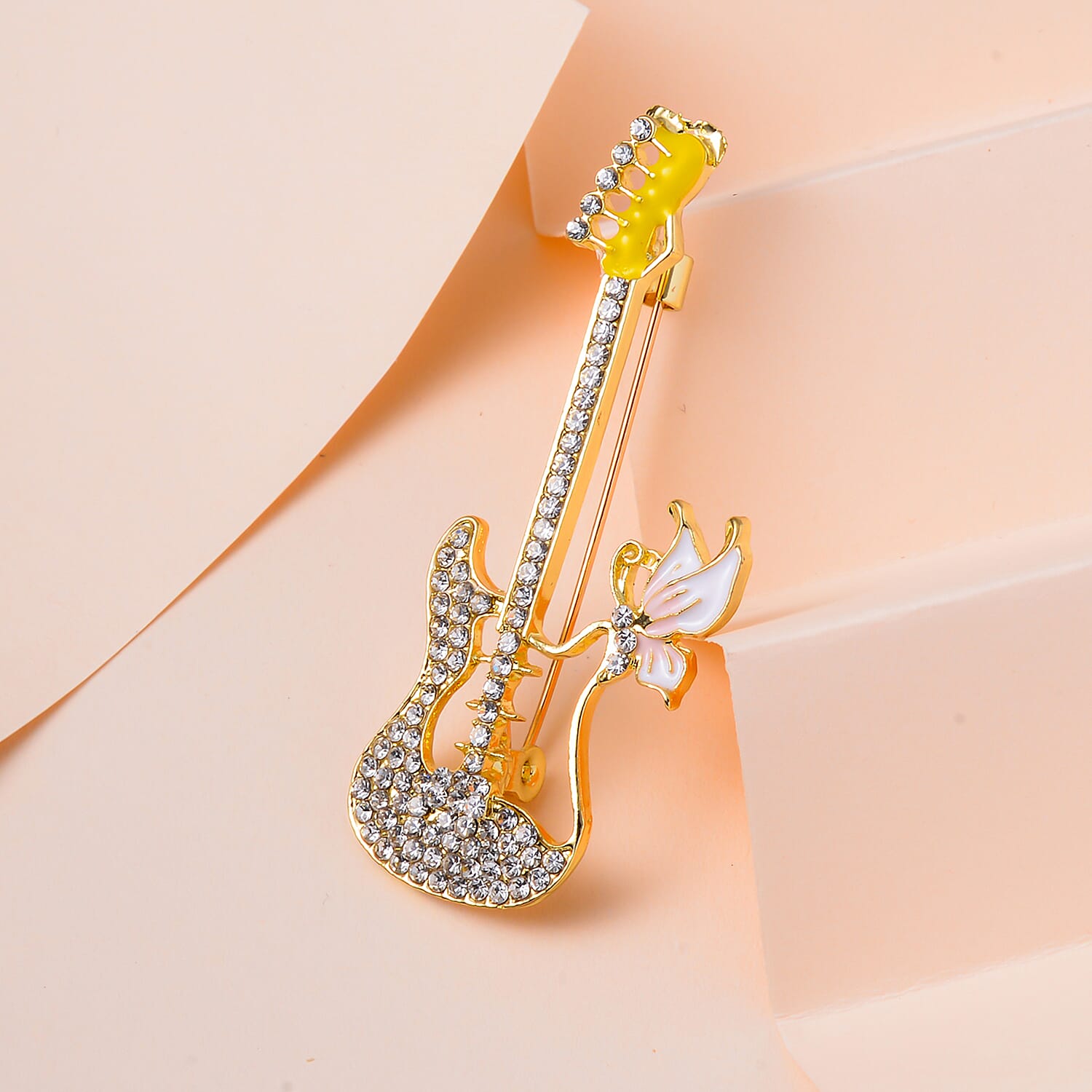 White Austrian Crystal Guitar Brooch in Yellow Gold Tone