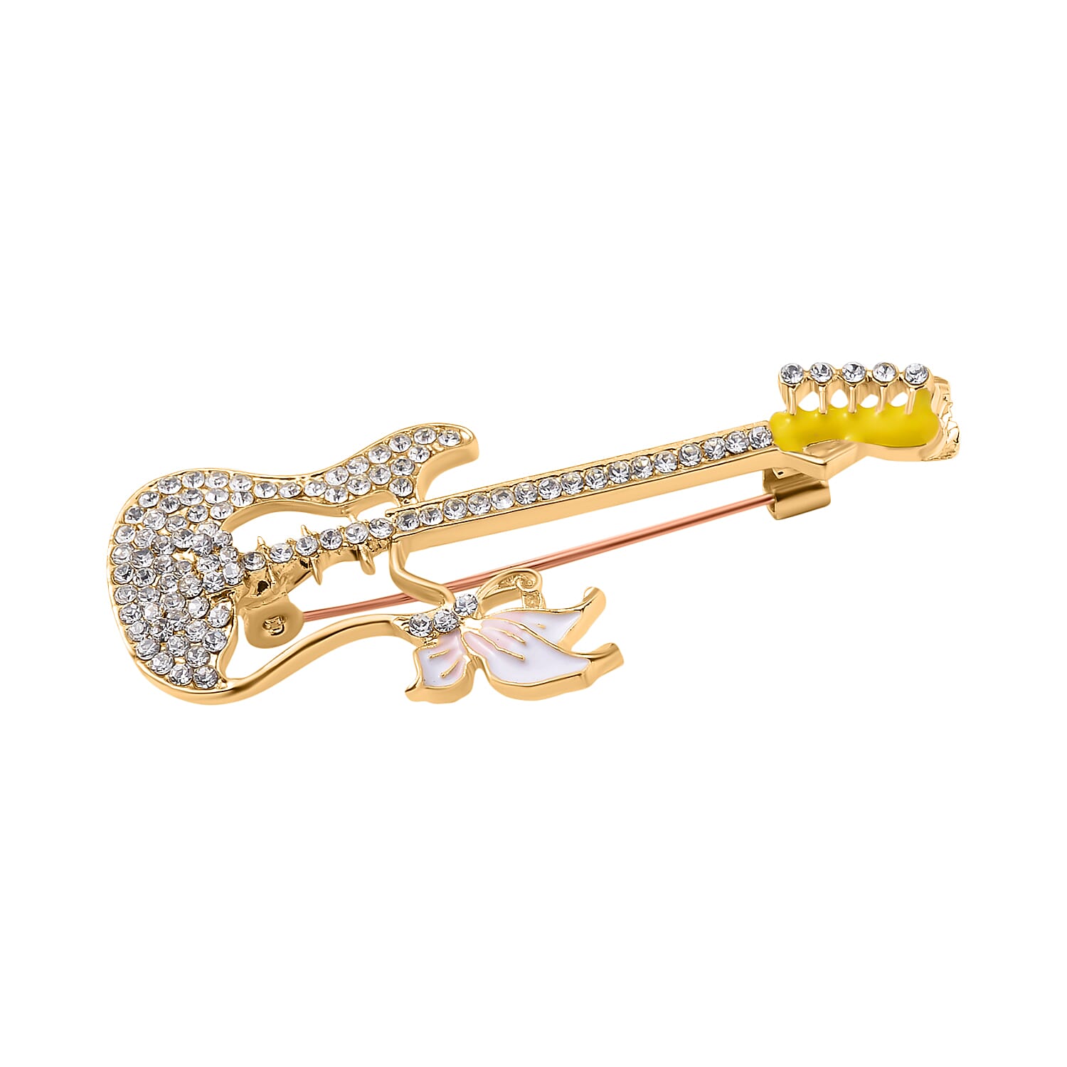 White Austrian Crystal Guitar Brooch in Yellow Gold Tone