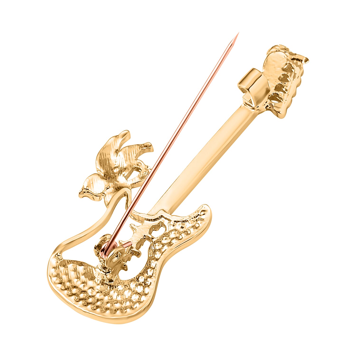 White Austrian Crystal Guitar Brooch in Yellow Gold Tone