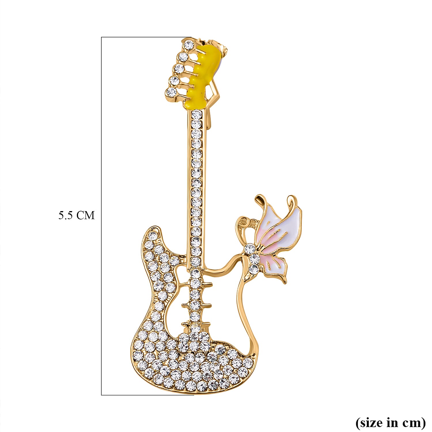 White Austrian Crystal Guitar Brooch in Yellow Gold Tone