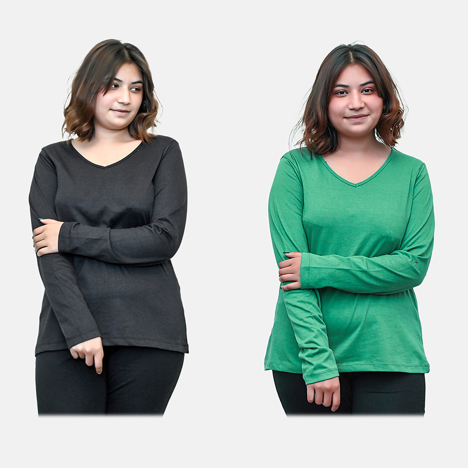 TAMSY-Set-of-2-Long-Sleeve-Classic-V-Neck-T-Shirt-Size-S-Black-Green