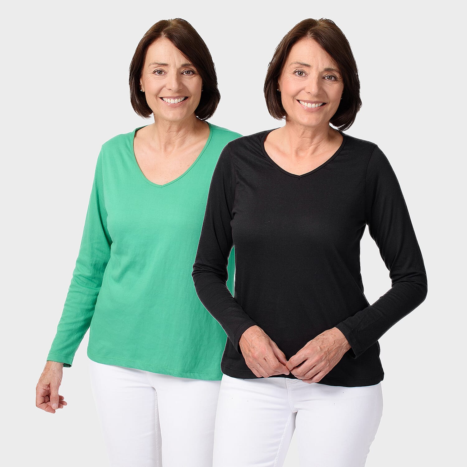 TAMSY Set of 2 Long Sleeve Classic V Neck T-Shirt (Size XL) - Black & Green