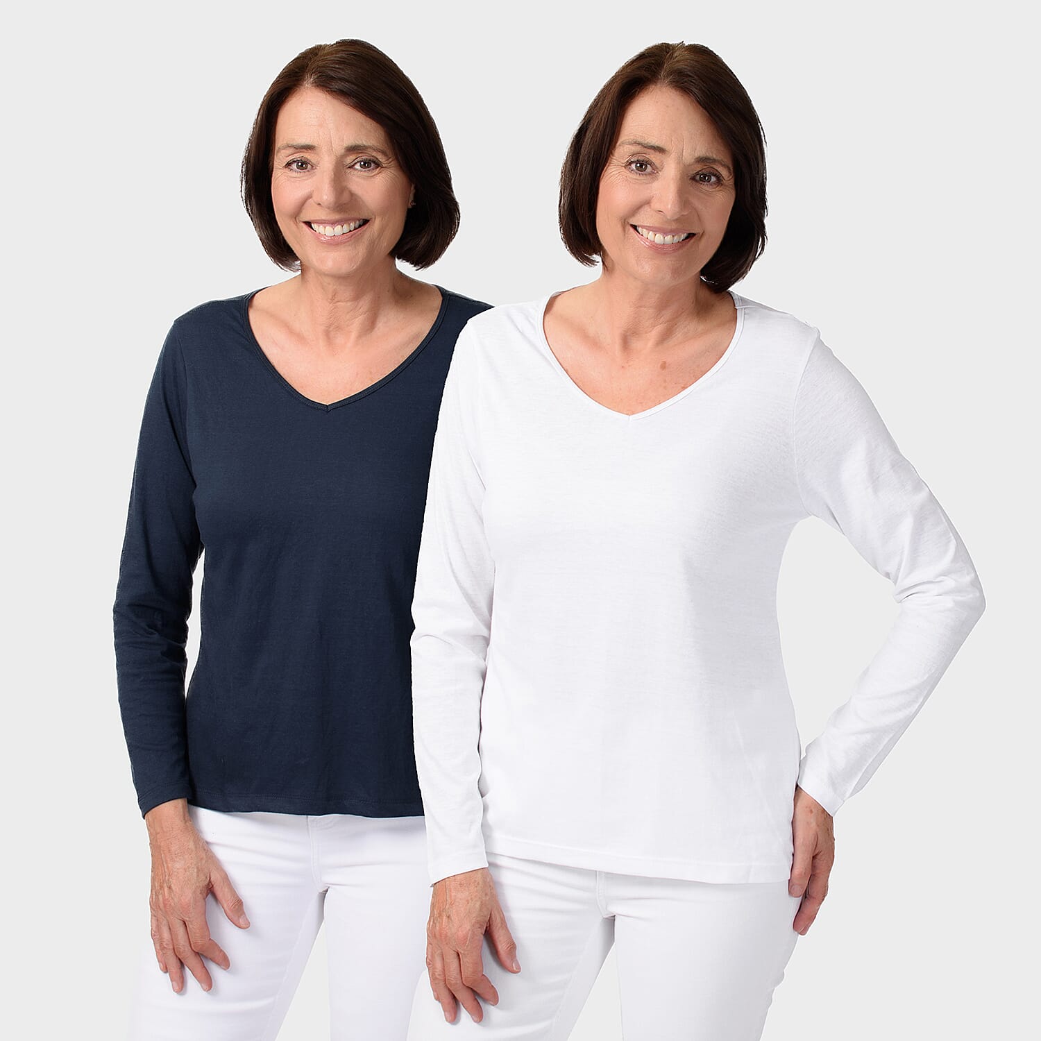 TAMSY Set of 2 Long Sleeve Classic V Neck T-Shirt (Size L) - Navy & White