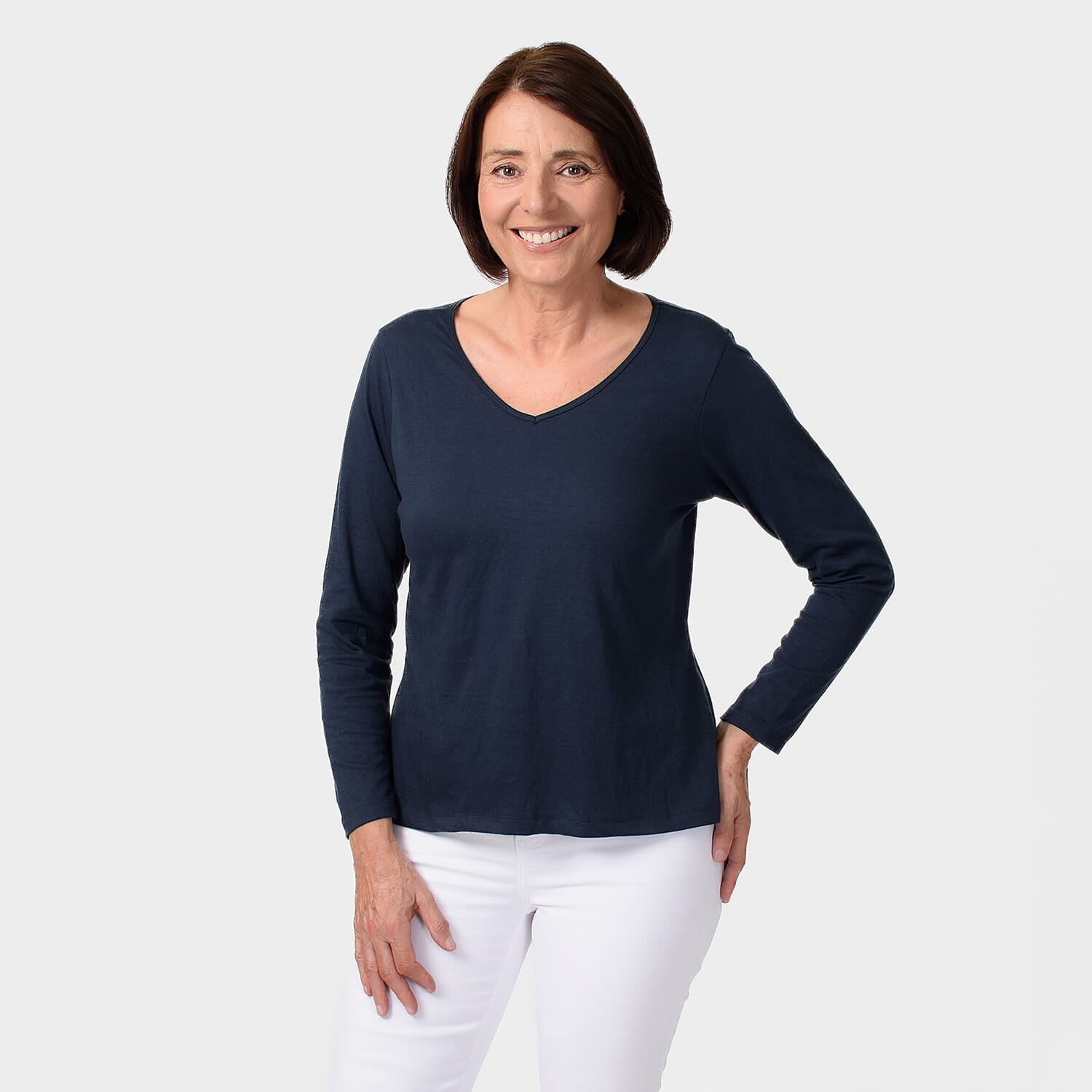 TAMSY Set of 2 Long Sleeve Classic V Neck T-Shirt (Size L) - Navy & White